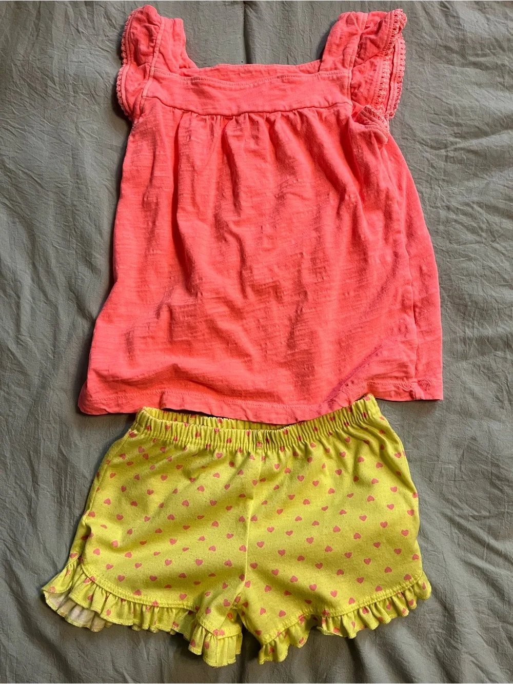 Carter's Coral Pink Tank Top with Yellow Heart Print Ruffle Shorts